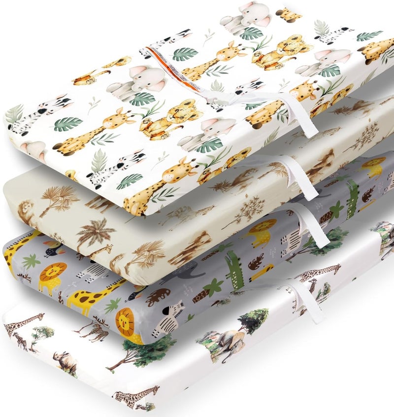 FIGEPO 4 Pack Safari Jungle Animals Neutral Unisex Fitted Nursery Baby Sheets Set Toddler Mattress Sheets for Baby Boys or Girls (Changing Pad Cover) - Image 1